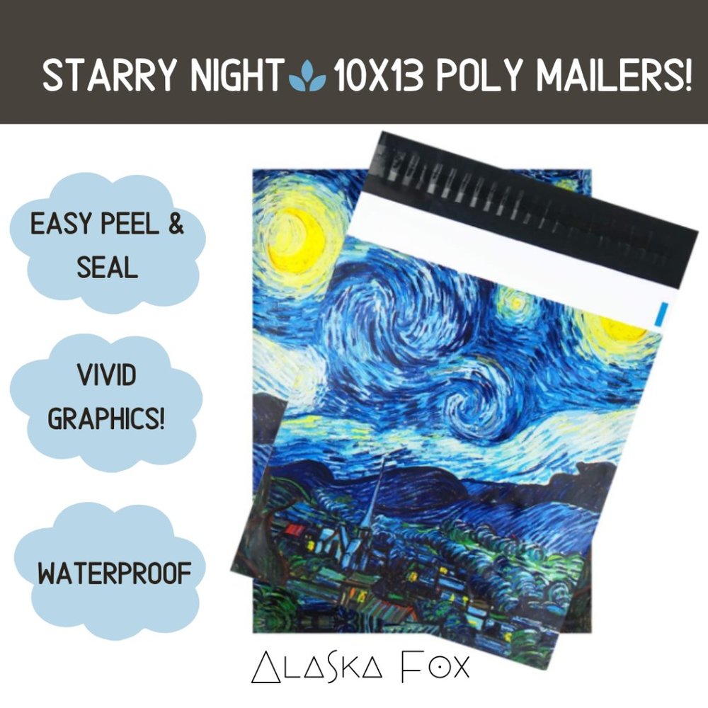25 Pack 10X13 M&C Van Gogh Starry Night Poly Mailers Unpadded Shipping Bags NEW